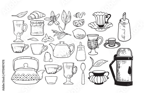 Hand-Drawn Illustration of Ceramic Teapot with Teacup and Saucer – Elegant Vintage Style Artwork