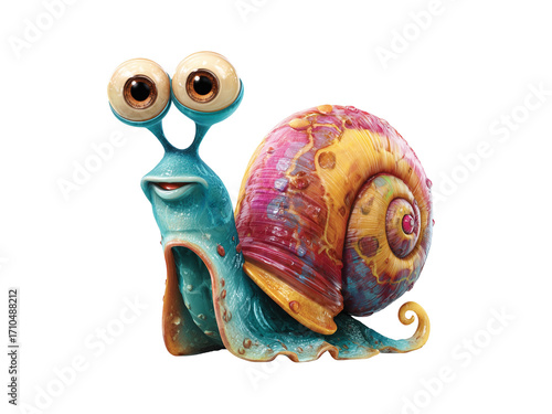  snail character with colorful Cartoon sticker shell and goofy expression isolated on transparent White background png