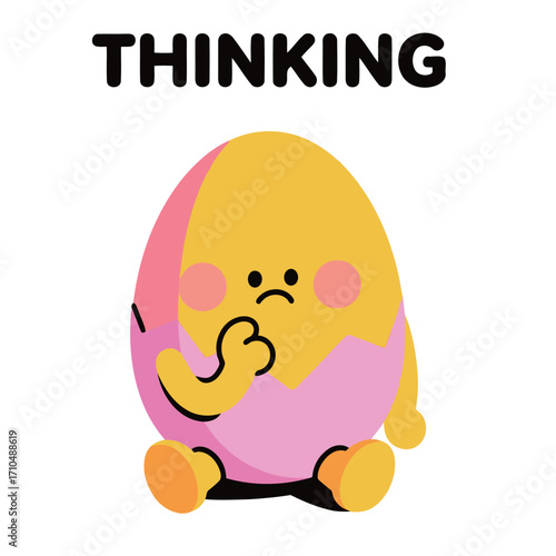 A thinking egg character cartoon mascot with a sad expression, contemplating life in a simple illustration.
