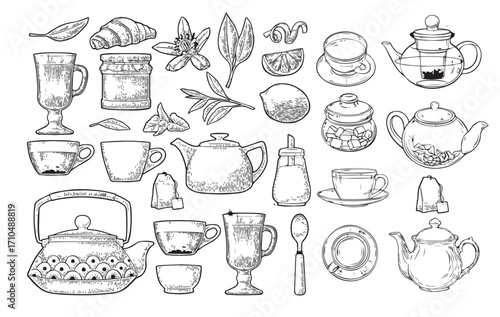 Hand-Drawn Illustration of Ceramic Teapot with Teacup and Saucer – Elegant Vintage Style Artwork