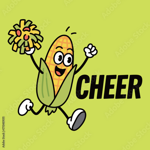 An excited corn character cartoon mascot cheerfully running with a pom-pom.
