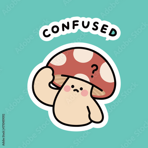 A confused mushroom character cartoon mascot with a puzzled expression on a turquoise background.