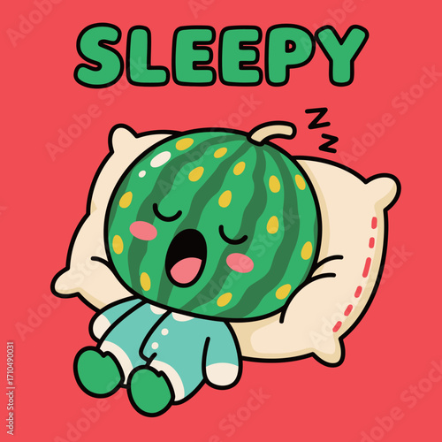 A sleepy watermelon character cartoon mascot yawning on a pillow in a simple illustration.