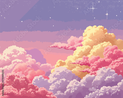 夢想的デジタルイラストレーション：ピンクと黄色の雲の風景