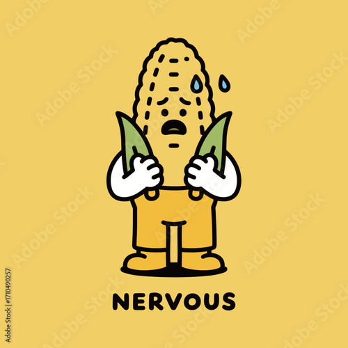 A nervous and anxious corn character cartoon mascot with a worried expression and trembling.