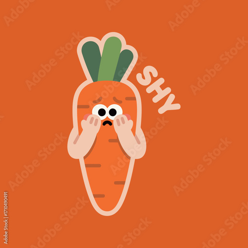 A shy and embarrassed carrot character cartoon mascot covering its face with its hands on a vibrant orange background.