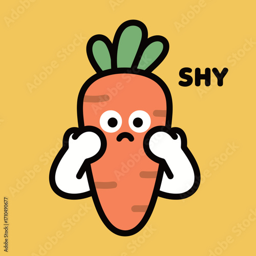 A shy and embarrassed carrot character cartoon mascot with a worried expression and covering its face.