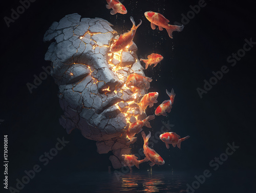 Cracked stone mask gives way to glowing koi fish swimming upward in a mystical underwater world