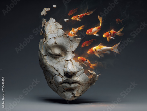 Cracked stone mask transforms into glowing koi fish swimming upward in a mystical scene