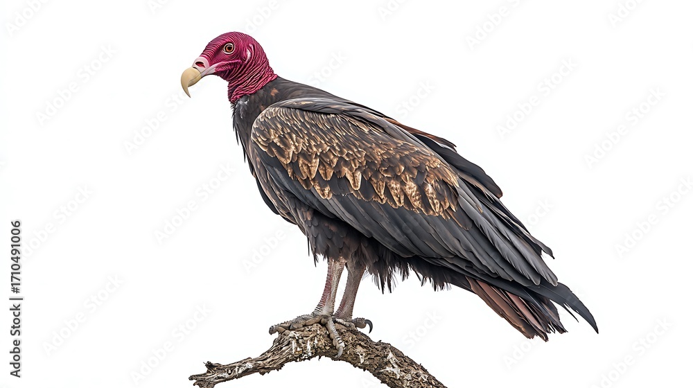 Obraz premium A lone turkey vulture with a hooked beak and black feathers is isolated on a white background