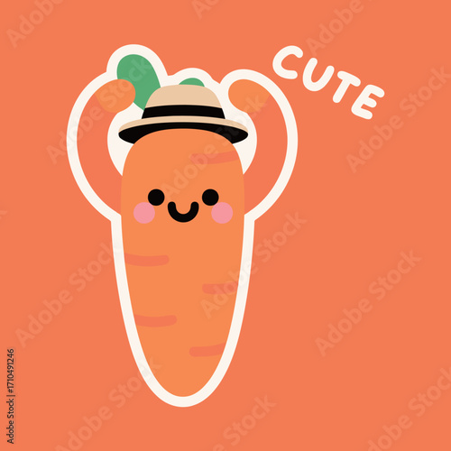 A cute and whimsical cartoon illustration of a happy carrot character with a charming smile, holding a hat over its head in a playful gesture.