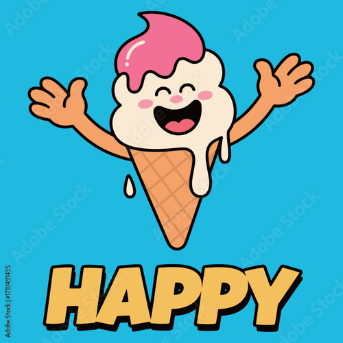 A playful and happy cartoon illustration of a melting ice cream cone character with a smiling face, expressive hands, and a sweet, joyful expression.