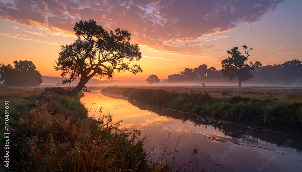 Fototapeta premium Serene Sunrise Over a Misty River Valley