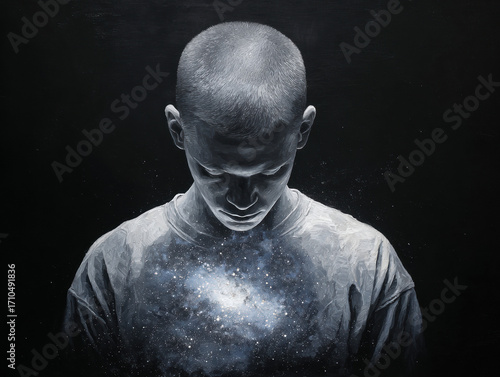 Calm portrait of a person with galaxies inside chest representing inner universe