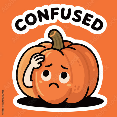 A fun and playful illustration of a confused pumpkin character, scratching its head with a worried expression, perfect for Halloween or autumn themes.