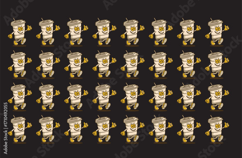 Seamless Pattern of Cartoon Coffee Cup Mascot Characters – Fun Beverage Design for Packaging and Branding