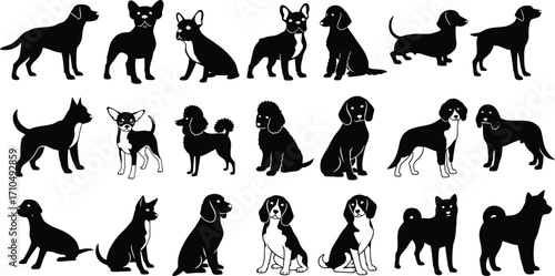 Collection of diverse dog breed silhouettes in various poses isolated on white background