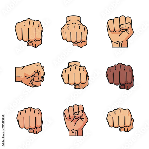 A collection of nine diverse fist illustrations in various skin tones, all facing forward, conveying strength, unity, and power.