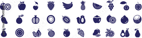 Food fruits icon set. Vector illustrations of banana, strawberry, pineapple, watermelon, grapes, mango, blueberries, peach, cherry, lemon, avocado, pear, kiwi etc