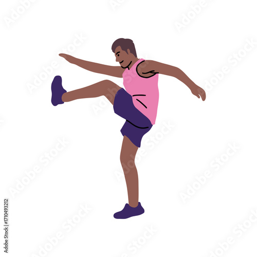 Athlete in pink top warming up by leg extension, preparing for fitness training, getting ready for sport, exercise, and activity, fit and flexible