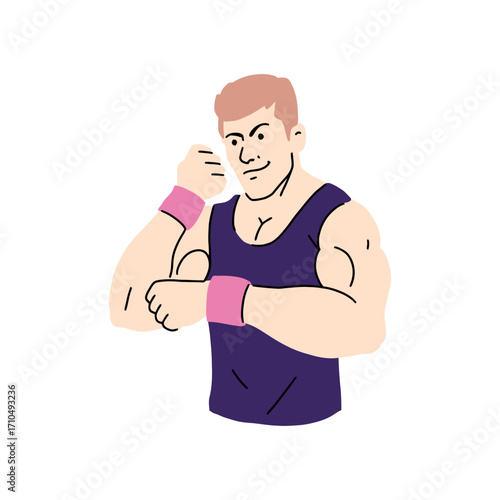 Confident weightlifter flexing muscles, wearing wristbands, showcasing strength and determination, fitness concept with healthy lifestyle portrayal