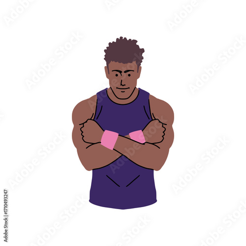 Confident athletic man with arms crossed, wearing wristbands and tank top, exudes strength and determination in a fitness-focused design