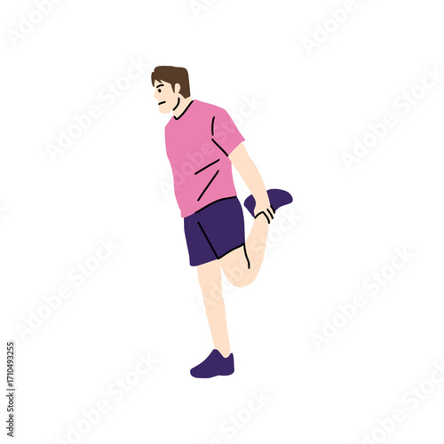 Man in sportswear stretches leg, warming up before exercise or workout; simple flat vector style illustration for fitness, health or wellness concepts