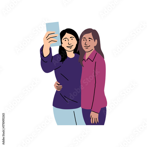 Two friendly women are taking a selfie together, smiling, and creating a lasting memory with their mobile phone in a lighthearted moment