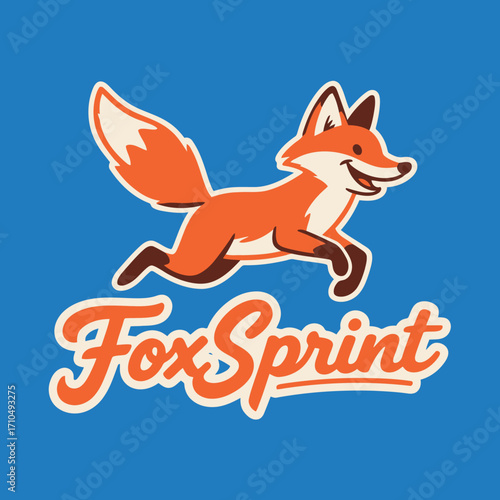 A dynamic and vibrant logo design featuring a cartoon fox in mid-sprint, with a cheerful expression, symbolizing speed, agility, and cleverness.