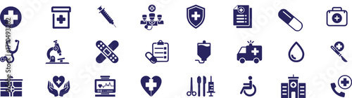 Health and medical icons set. Various medical equipment and symbols Like Ambulance, Pills, Doctors, Plus Sign, Handiplast, Syring, Hospital, Checkup Routine Etc