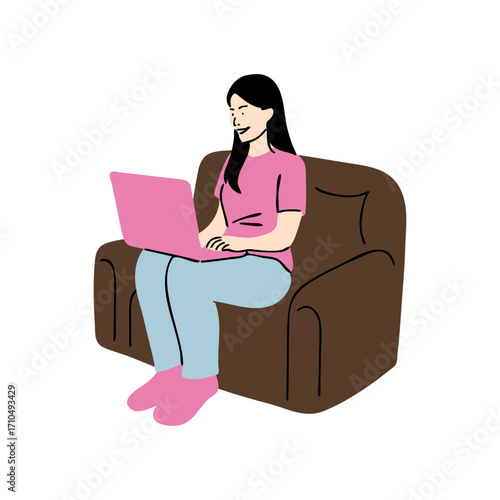 Illustration of a woman working on a laptop while sitting on a brown couch, depicting remote work, freelance lifestyle, and modern digital connectivity