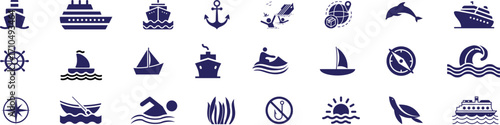 Marine themed icons set. Ship, Water boat, Compass, Sea, Dolphin, Waves Vector Icons