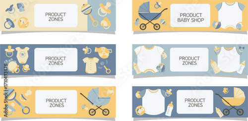Collection of baby product zone banners with icons isolated on white background