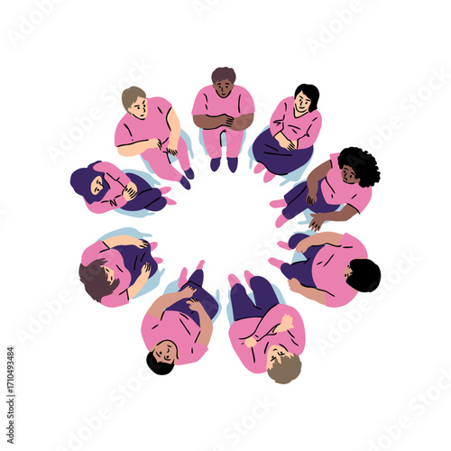 Diverse group of people seated in a circle, viewed from above, conveys unity, support, teamwork, and collaboration, ideal for social gatherings