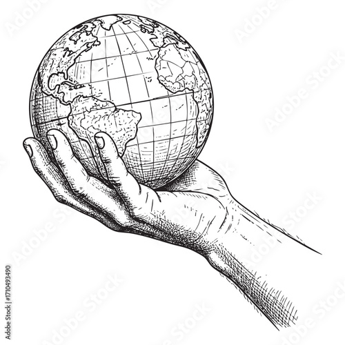 Hand Holding a Terrestrial Globe Hand-Drawn