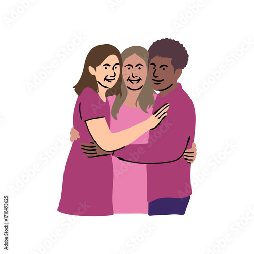 Three friends embracing in a group hug, showing unity, love, and friendship, a diverse group of people connected and supportive of each other.