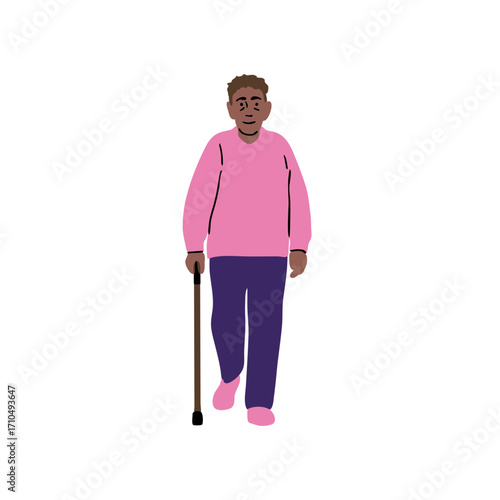 Elderly man with walking cane wearing pink sweater and purple pants walking forward in a simple flat art style illustration, supporting himself