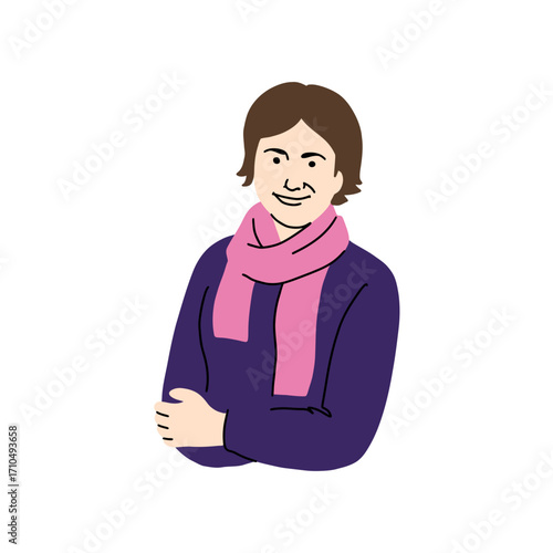 Confident woman with arms crossed wearing a pink scarf and dark purple sweater smiling subtly, perfect for corporate headshots and profile pictures