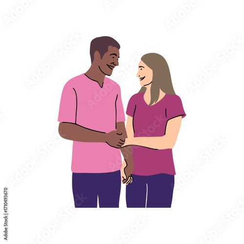 Happy diverse couple holding hands and looking at each other with a smile showing love, connection, and togetherness in a modern design illustration