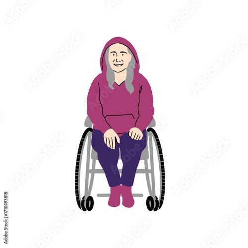 Woman with grey hair wearing a purple hoodie sitting in a wheelchair, showcasing mobility aid and accessibility for individuals with disabilities