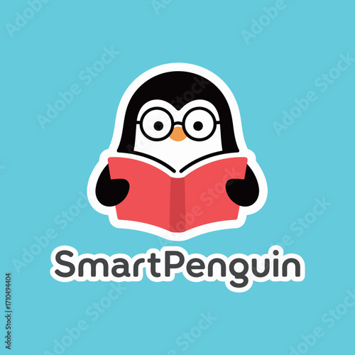 A charming and clever logo design of a cartoon penguin wearing glasses and reading a book, symbolizing intelligence, learning, and education.