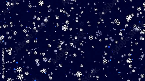 Snowflakes drift down, transforming the dark night into a winter wonderland.