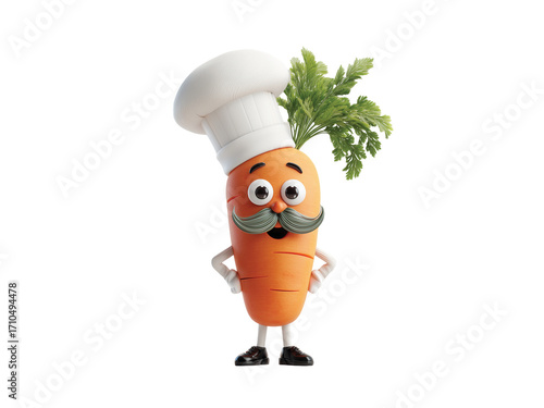 Cartoon chef carrot sticker character  with mustache and white hat isolated on transparent White background png