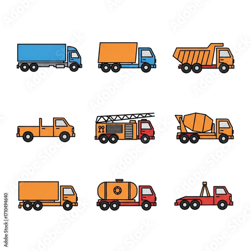 A collection of nine different types of trucks, including a box truck, dump truck, fire truck, and cement mixer, presented as simple vector illustrations.
