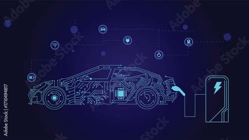 Modern electric car charging background with digital circuits and tech symbols, perfect for energy, innovation, mobility, and smart technology themes