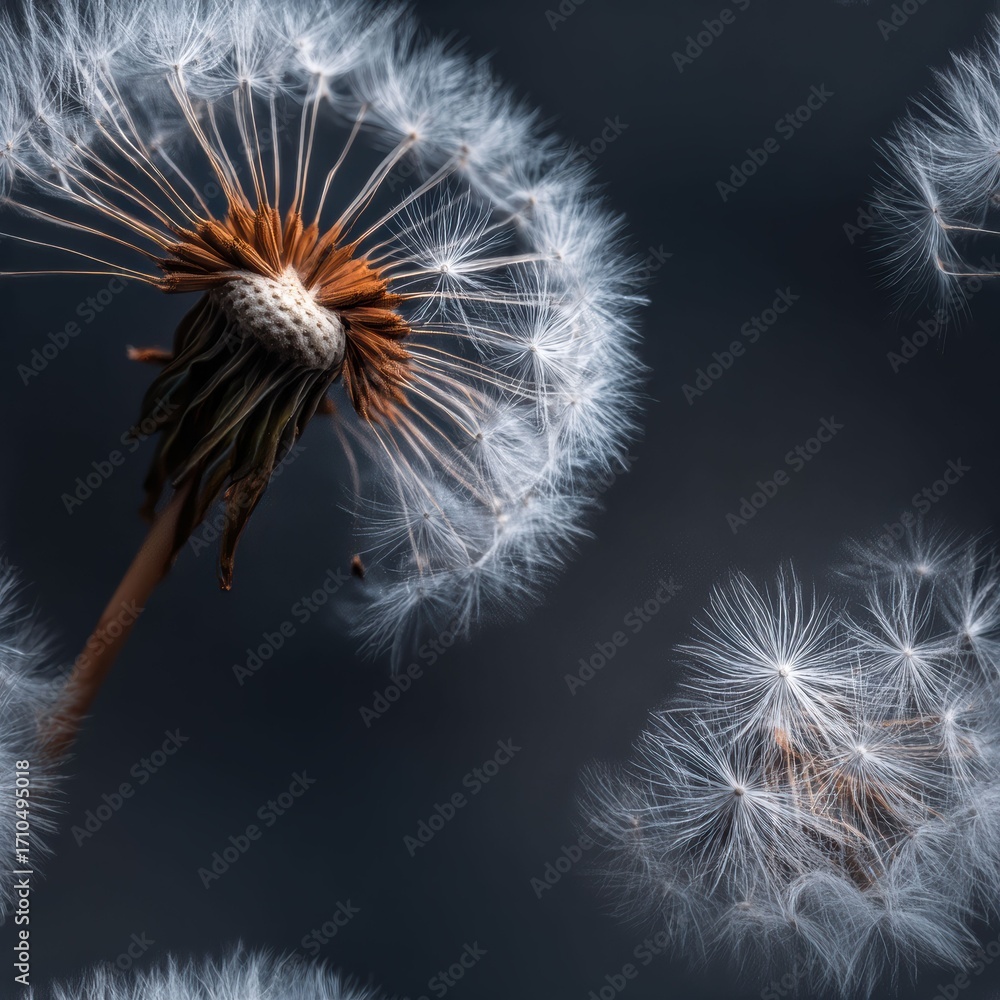 Fototapeta premium A macro close up of delicate dandelion seeds set against a dark backdrop highlights fine textures and natural elegance.