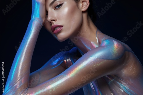 Avant-garde glass skin model glows with surreal refracted light brilliance