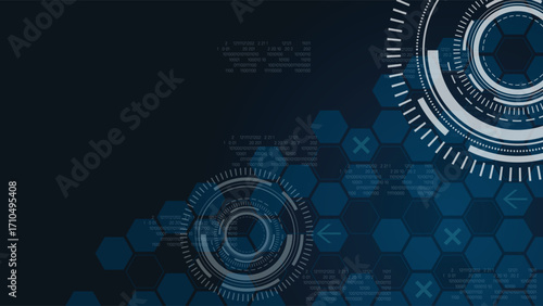 Modern futuristic background with glowing hexagon grid, digital binary code and hud interface, ideal for technology, data, cyber security, and innovation themes