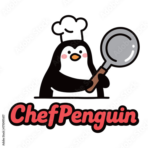 A cute and fun logo design featuring a cartoon penguin chef wearing a toque and holding a frying pan, symbolizing cooking, food, and culinary adventures.