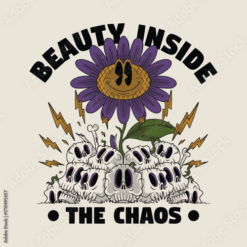 Retro Cartoon Purple Sunflower Growing Through Skulls
